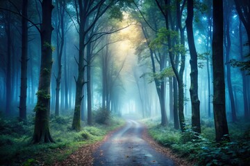 Fototapeta premium Experience a chilling foggy forest trail, designed for urban exploration videos. This looping backdrop enhances the intrigue, drawing viewers into its mysterious depths.