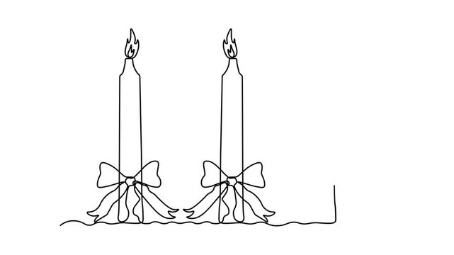 set of three burning candle with a bow, Christmas, New Year. Self drawing animation one continuous line draw, logo