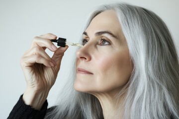 Obraz premium Mature woman applying serum on her face. Caucasian 50s female holding dropper skin care product. Anti Age essential oil with oily pipette. Advertising facial care cosmetics. Health, youth. Drop fluid