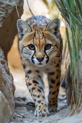 Obraz premium A Serval Cat Walking Through a Rocky Opening, its Eyes Focused on the Camera