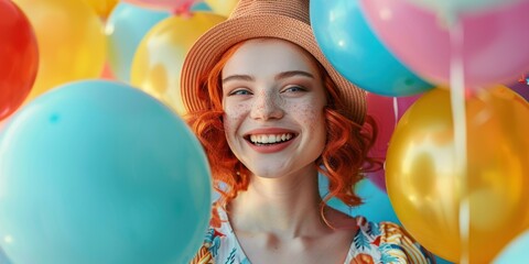 A woman smiles brightly as she poses with balloons. AI.