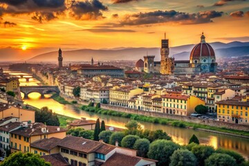 Fototapeta premium Experience Florence from above at sunset in delightful vintage style. A perfect capture for travel enthusiasts yearning for timeless charm and picturesque memories.