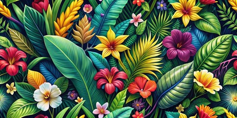 Naklejka premium Experience paradise with this tropical floral pattern, adorned with lush leaves and vibrant blooms, perfect for enhancing nature-themed backgrounds and designs.