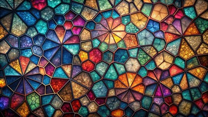 Fototapeta premium Experience the allure of a Voronoi pattern with a dark multicolor stained glass background, highlighting geometric retro tiles in an engaging, artistic design.