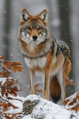 Naklejka premium A Red Wolf Standing in a Snowy Forest