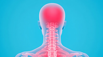 Anatomical illustration showing human spine and neck with highlighted areas for pain, against a blue background, ideal for health-related topics.