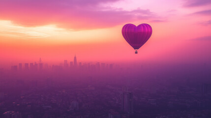 Fototapeta premium A heart-shaped hot air balloon floating in a pink and purple sky, city skyline below, golden hour lighting, dreamy and serene scene