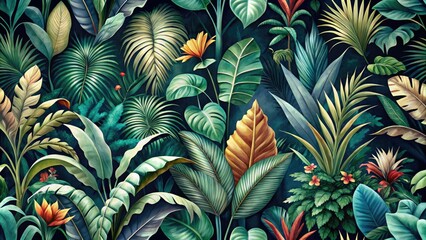 Fototapeta premium Experience the beauty of nature with this jungle landscape watercolor pattern wallpaper, showcasing artistic silhouettes that enhance your interior with vibrant colors and a serene ambiance.