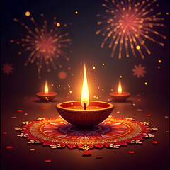 Creative Happy Diwali festival of light background with Diya lamp card design with space text by Ai