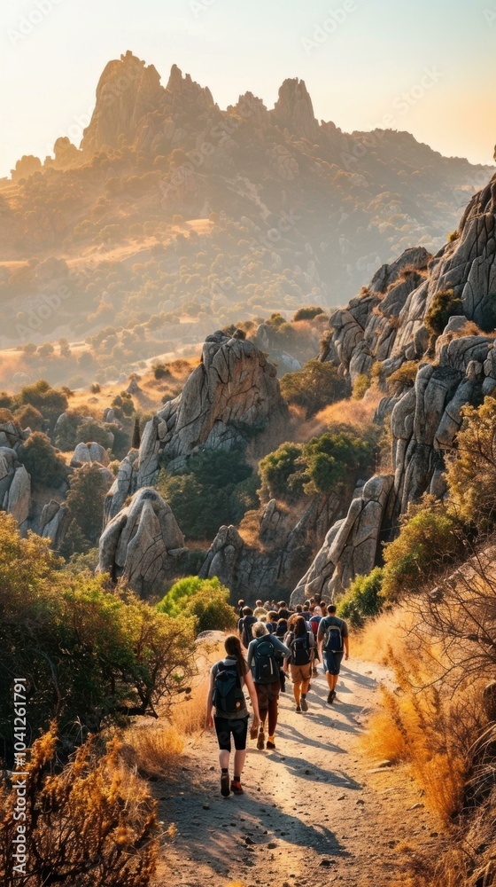 Wall mural A group of hikers makes their way up a winding path in a rocky landscape. AI.