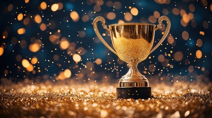 Golden trophy for champion, symbolizing success and achievement in sports. A magnificent cup award that represents the culmination of hard work and dedication