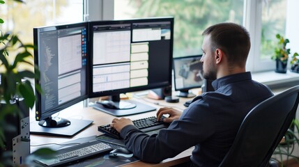 A man works as an operator specialist in a computer data center in front of many monitors with charts and data
