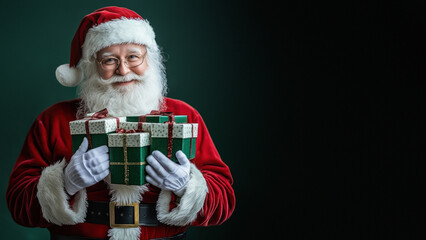 Obraz premium Santa Claus holding multiple green gift boxes happily.