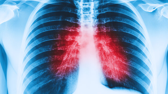 X-ray image of lungs showing signs of infection with highlighted areas for medical diagnosis, blue and red contrast against a white background.