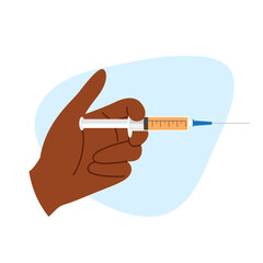 Dark hand holding syringe with beauty serum. Skin care and cosmetic injection illustration