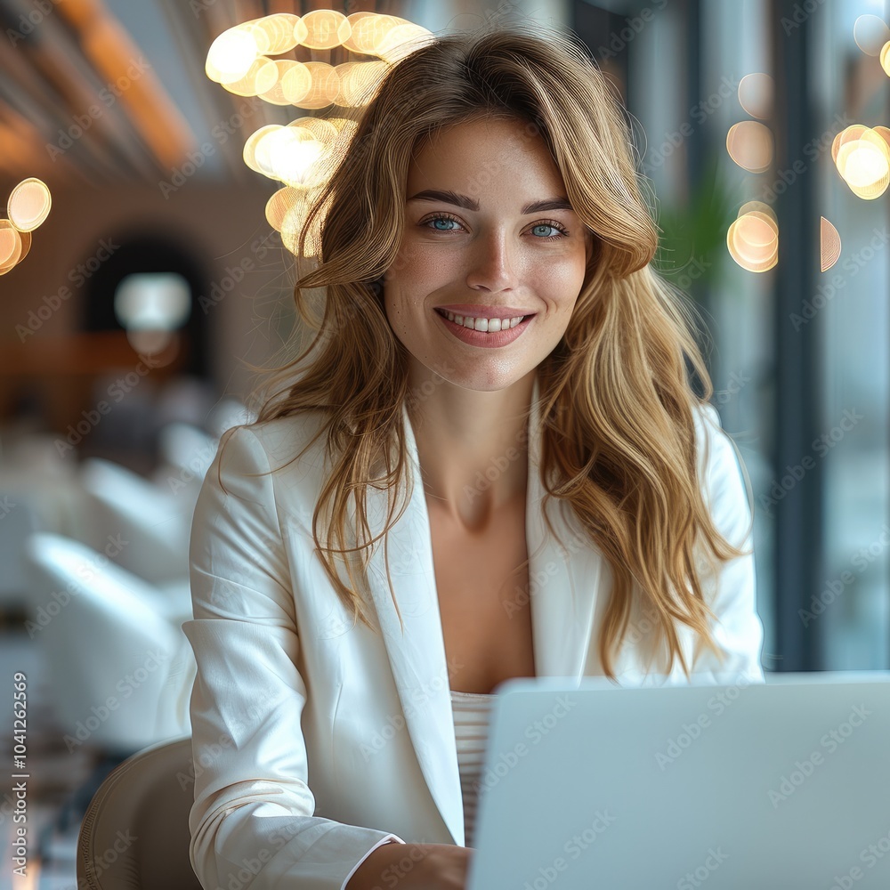 Sticker Happy business woman using laptop at office cabin.