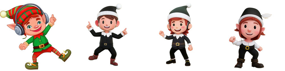Four cheerful elves in festive attire, white isolate background