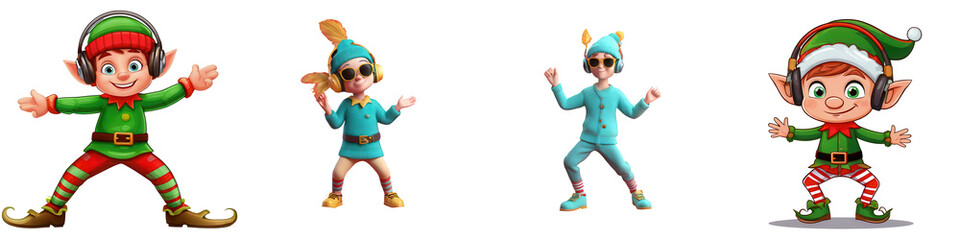 Four playful cartoon elves in colorful outfits, ideal for holiday themes.