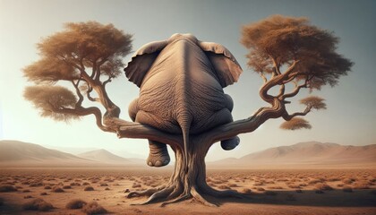 Surreal Digital Artwork of a Realistic Elephant Sitting on a Tree Branch in a Barren Desert Landscape with a Sunset Sky, Emphasizing Humor, Whimsy, and Detailed Realism