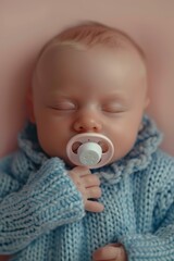 A baby sleeps peacefully with a pacifier in their mouth. AI.