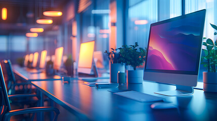 Office workplace interior with pc computers on tables, window. Mockup wall
