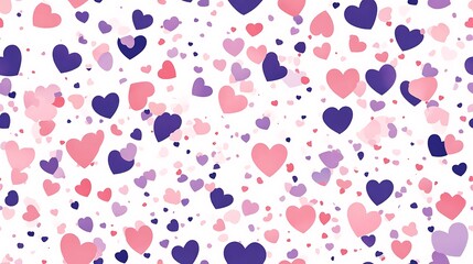 Vector pattern of heart-shaped confetti, flat design style, pastel pink and purple colors, minimalist approach, clean lines, various sizes, modern look, hd quality, seamless flow. --ar 16:9 --tile