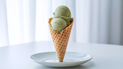 A waffle cone filled with refreshing green tea ice cream against a bright background, perfect for summer treats, dessert menus, or tea-flavored culinary concepts. 