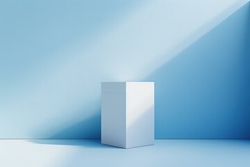 Fototapeta premium A simple white pedestal against a light blue wall. AI.