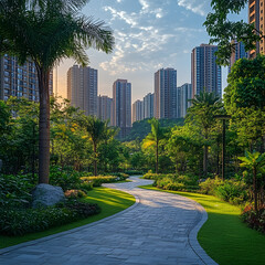 Obraz premium Winding Path Through Urban Park With Modern Buildings