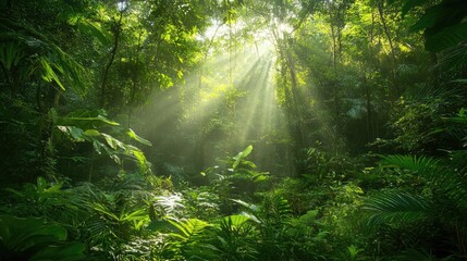 Naklejka premium Dense tropical rainforest with radiant sunlight streaming through the trees, capturing the beauty and magic of nature's vitality