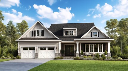 Stunning new home exterior with two-car garage and covered porch on a glorious sunny day. A perfect blend of modern architecture and natural beauty