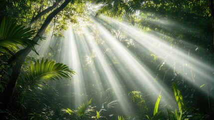 Obraz premium Dense tropical rainforest with radiant sunlight streaming through the trees, capturing the beauty and magic of nature's vitality