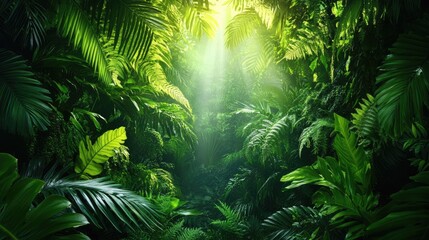 Fototapeta premium Lush green rainforest with sunbeams filtering through the canopy, symbolizing the magic and vitality of untouched nature