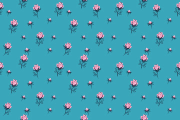 Colorful seamless  floral pattern with abstract tiny rose, buds. Vector hand drawn sketch cute ditsy flowers print on a blue background. Minimalist ornament for surface designs, children textiles,