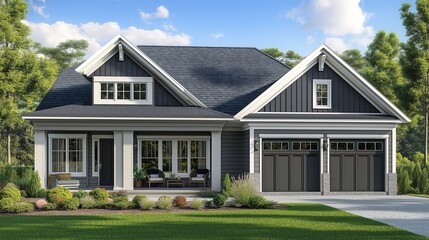 Stunning new home exterior with two-car garage and covered porch on a glorious sunny day. A perfect blend of modern architecture and natural beauty