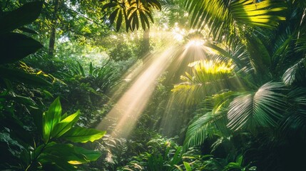 Obraz premium Sunlight breaking through the dense canopy of a tropical rainforest, casting beams of light over the lush, vibrant greenery