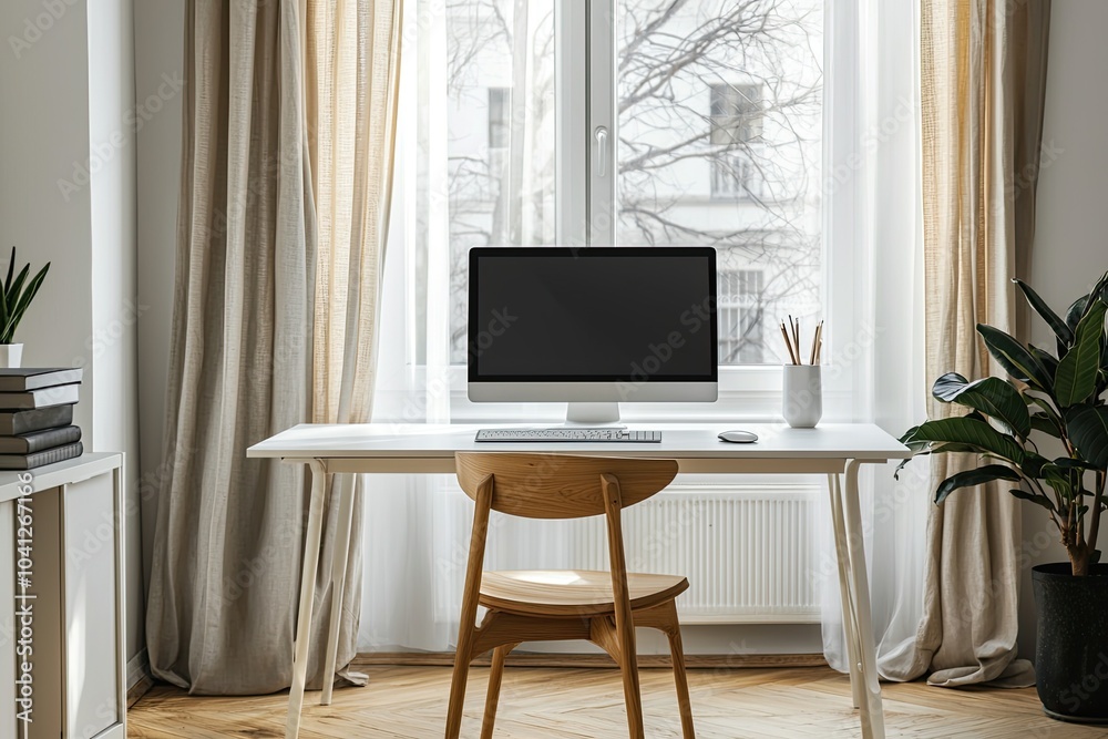 Fototapete Front view of a blank computer screen on a white desk in a minimal home office interior. A mockup with copy space for text and design elements
