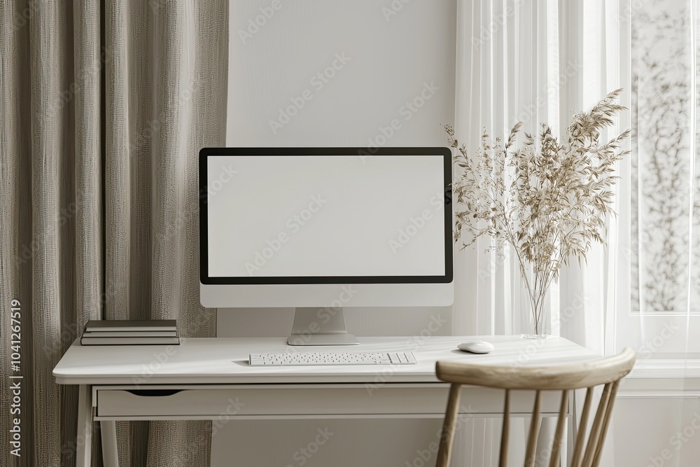 Fototapete Front view of a blank computer screen on a white desk in a minimal home office interior. A mockup with copy space for text and design elements
