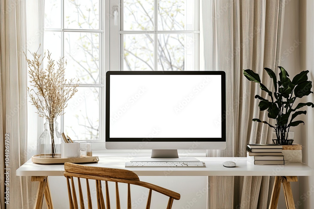 Poster front view of a blank computer screen on a white desk in a minimal home office interior. a mockup wi