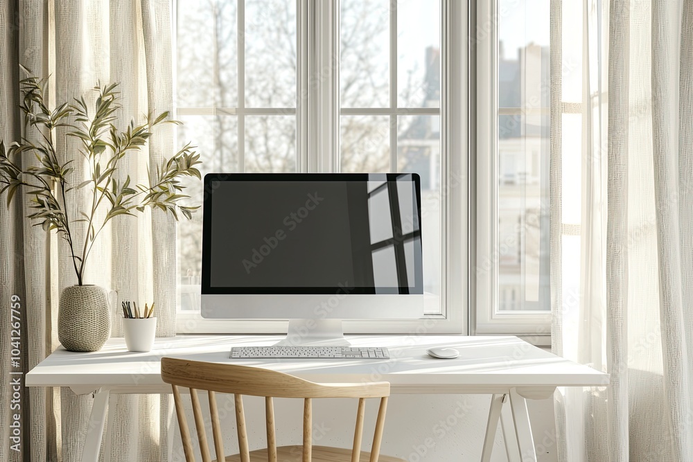 Fototapete Front view of a blank computer screen on a white desk in a minimal home office interior. A mockup with copy space for text and design elements