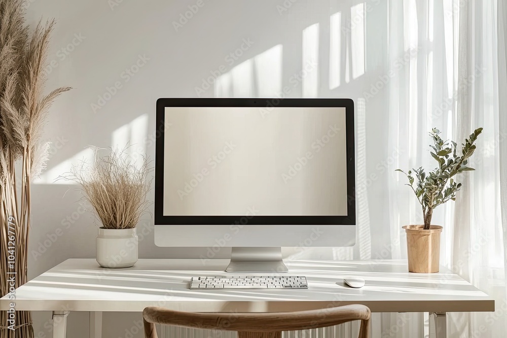 Fototapete Front view of a blank computer screen on a white desk in a minimal home office interior. A mockup with copy space for text and design elements