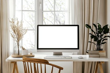 Fototapeta premium Front view of a blank computer screen on a white desk in a minimal home office interior. A mockup with copy space for text and design elements