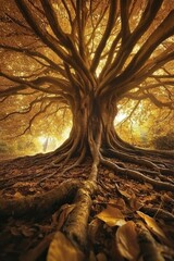 A Low-Angle View of Tree Roots Emerging from the Ground