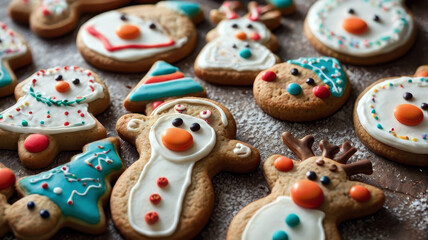 Unconventional Christmas cookies shaped like lumpy stars and odd-shaped reindeer, with charmingly messy icing. Top-down shot, warm lighting showcasing their whimsical but delicious appeal.