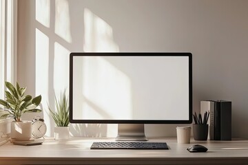 Fototapeta premium White desktop with computer mockup and accessories on it, against a white wall background. Minimalist home office interior design of a modern studio apartment or house. White screen