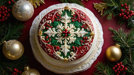 A beautifully decorated Christmas cake, adorned with intricate snowflake patterns, delicate red and green icing swirls. Top-down view, soft warm lighting, capturing golden ornaments and sugared holly 