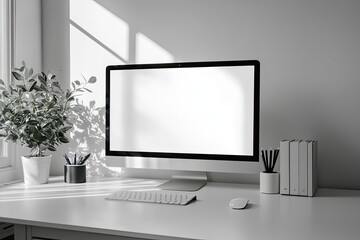 Fototapeta premium White desktop with computer mockup and accessories on it, against a white wall background. Minimalist home office interior design of a modern studio apartment or house. White screen