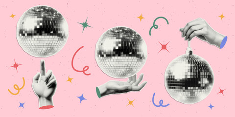Hand holding disco ball with halftone effect and stars. Vector cut out sticker. Trendy modern collage design element.