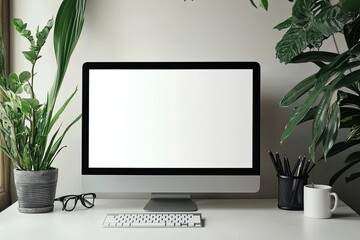 White desktop with computer mockup and accessories on it, against a white wall background. Minimalist home office interior design of a modern studio apartment or house. White screen