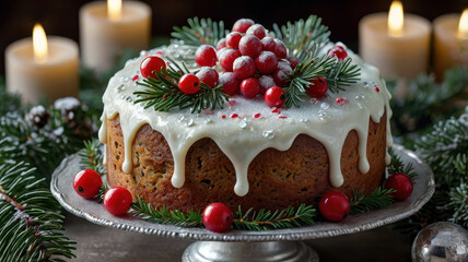 A beautifully frosted Christmas cake, featuring detailed poinsettias and shimmering gold stars. Wide-angle view, soft lighting highlighting the intricate icing work and festive red-green palette.